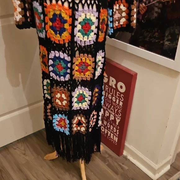 Colorful Crochet Open-Front Long Maxi Hand Crafted Cardigan - Picture 8 of 10